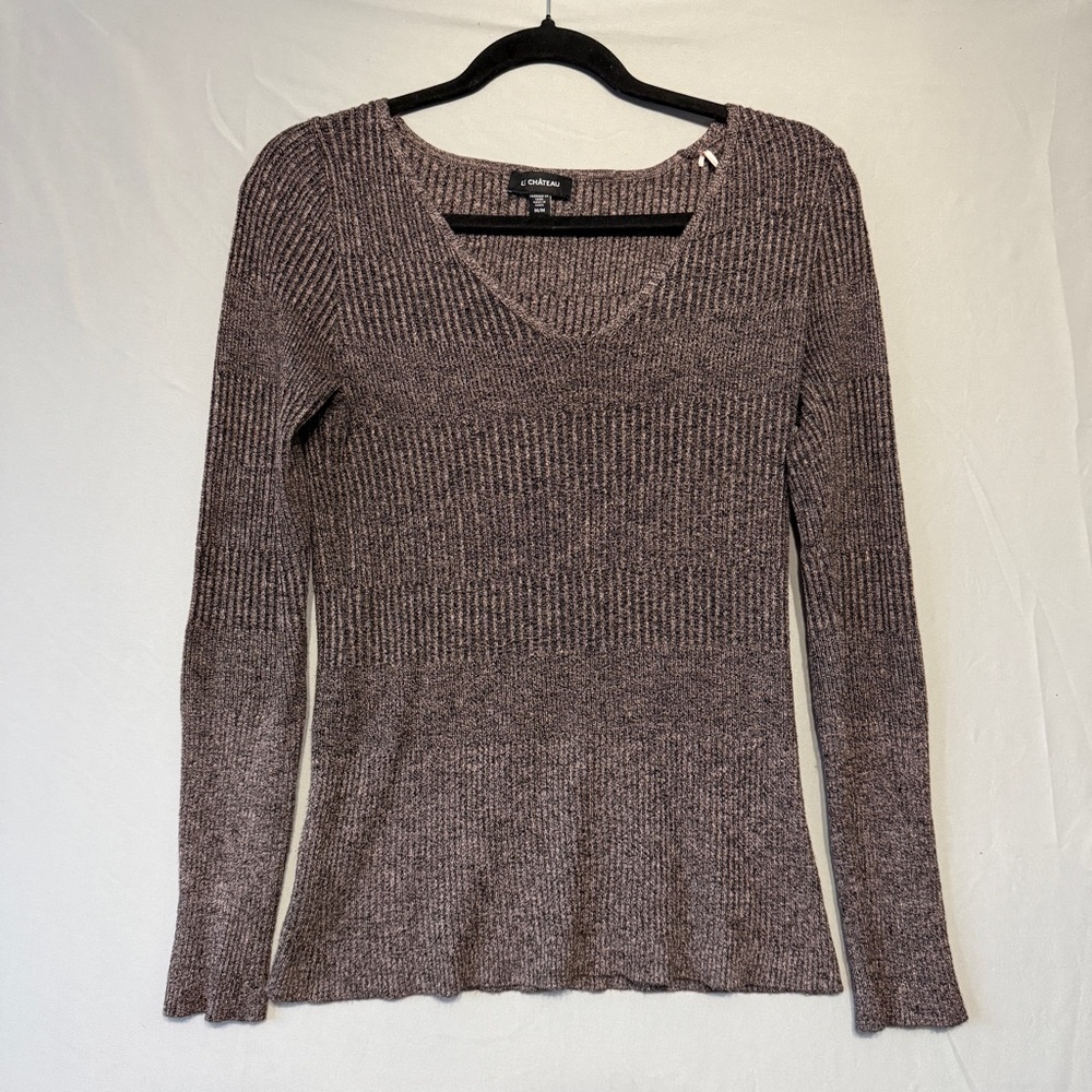 Le Chateau Womens Ribbed V Neck Sweater Medium Brown Stretchy Capsule Office